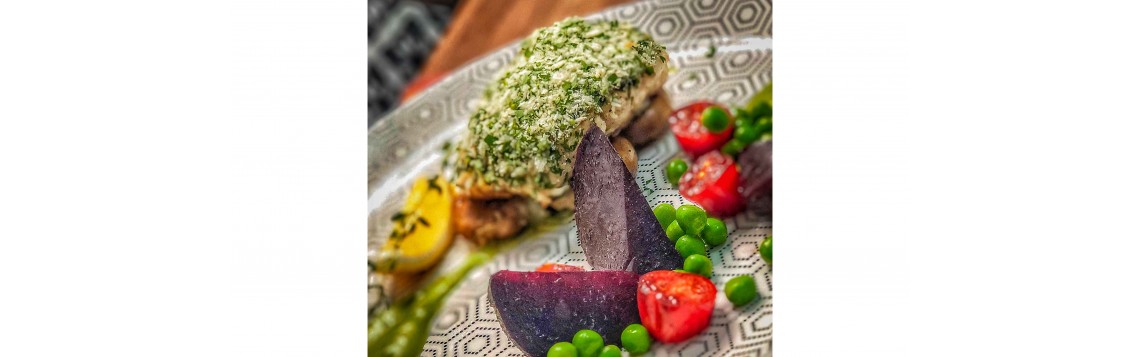 Crusted Royal Hamour with green peas purée and glazed beets