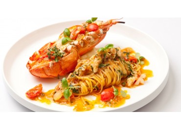 Tagliatelle Pasta with Lobster and Salmon Dice